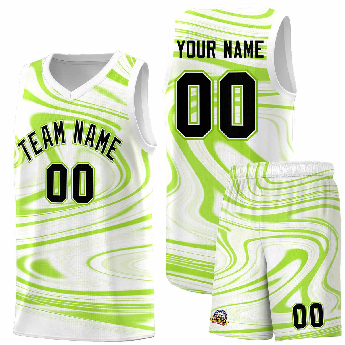 Custom White Light Green Graffiti Pattern Fluids Style Sports Uniform Basketball Jersey Kits|KXKSHOP