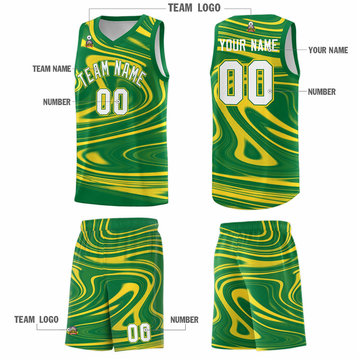 Custom Kelly Green Gold Graffiti Pattern Fluids Style Sports Uniform Basketball Jersey Kits|KXKSHOP