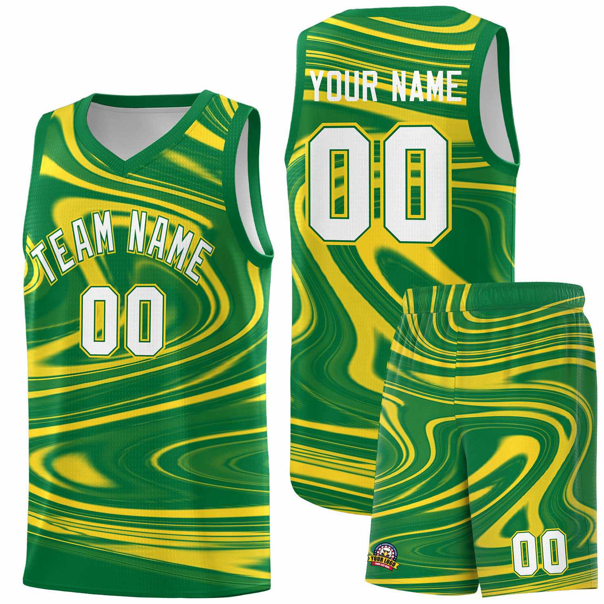 Custom Kelly Green Gold Graffiti Pattern Fluids Style Sports Uniform Basketball Jersey Kits|KXKSHOP