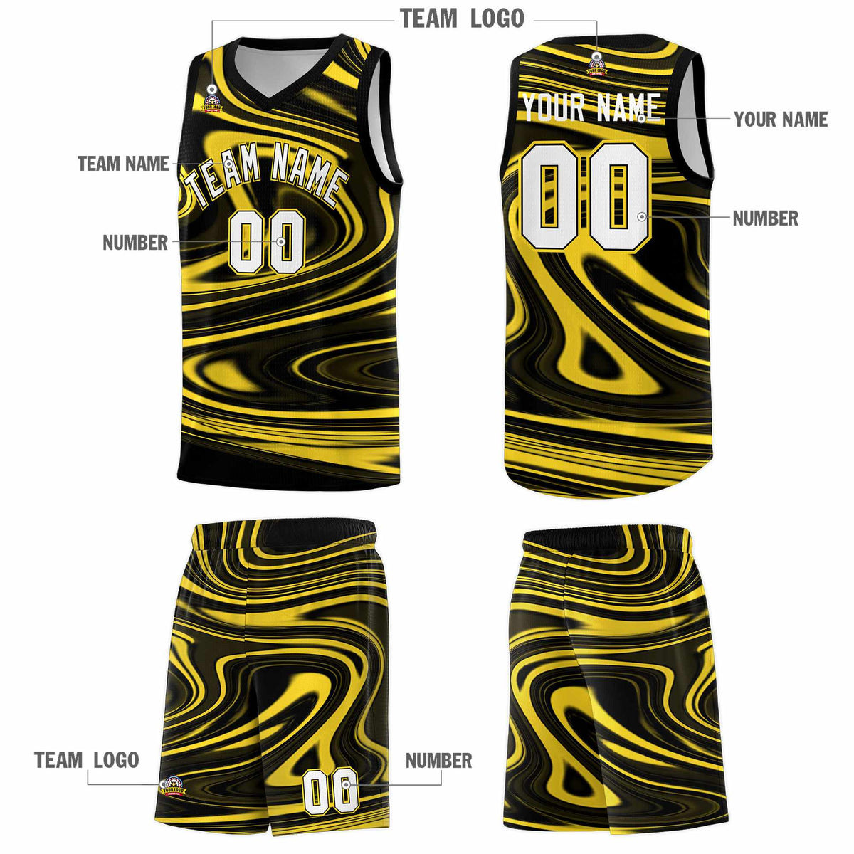 Custom Black Gold Graffiti Pattern Fluids Style Sports Uniform Basketball Jersey Kits|KXKSHOP