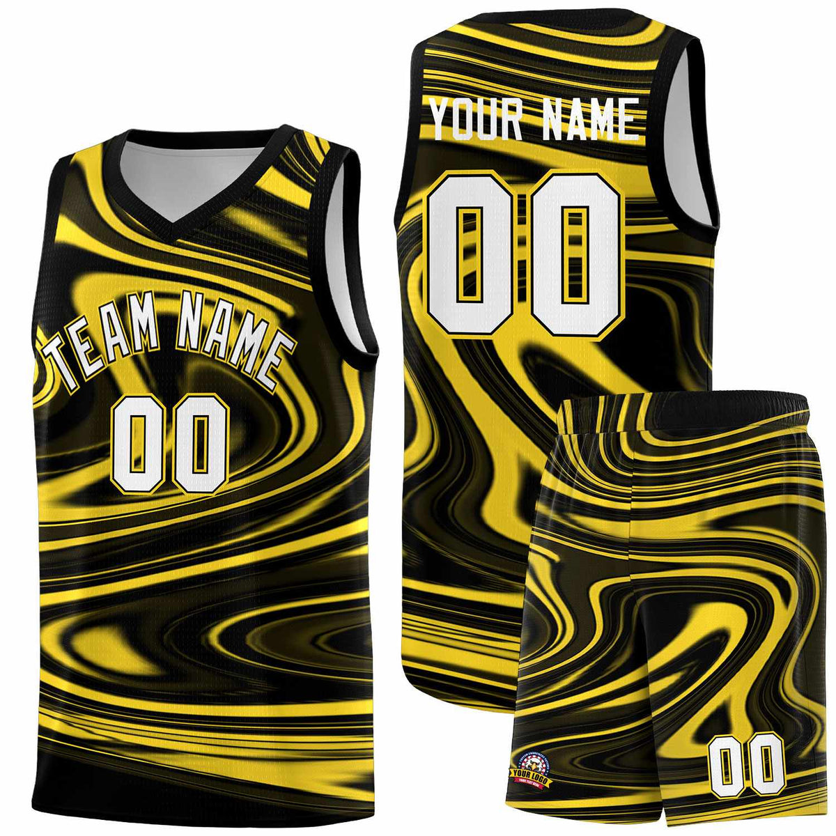 Custom Black Gold Graffiti Pattern Fluids Style Sports Uniform Basketball Jersey Kits|KXKSHOP