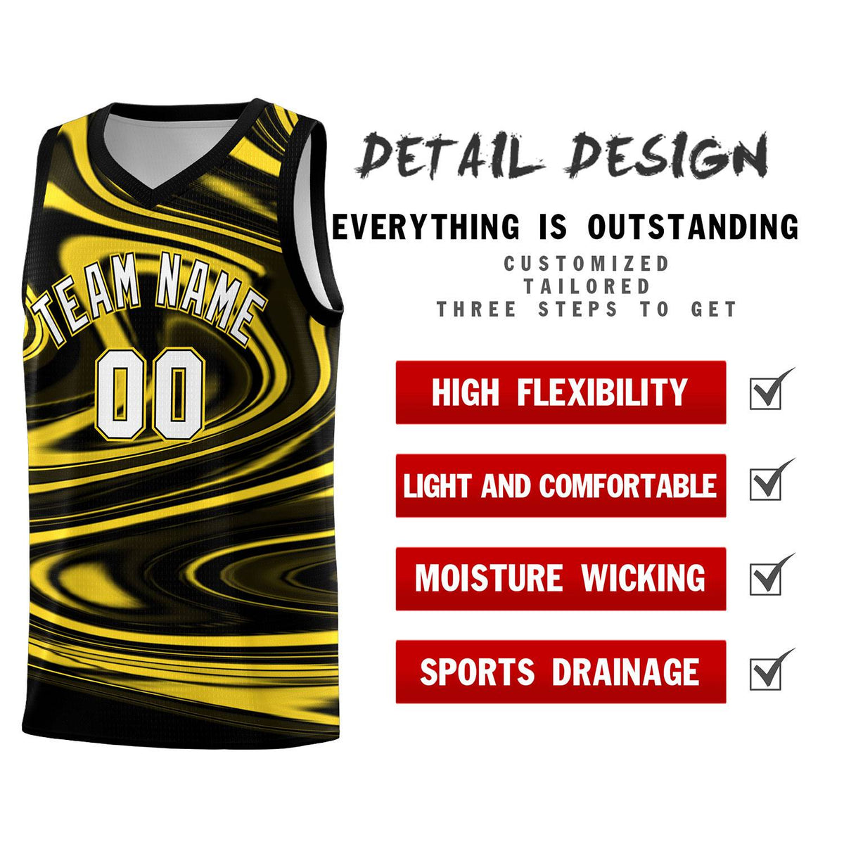 Custom Black Gold Graffiti Pattern Fluids Style Sports Uniform Basketball Jersey Kits|KXKSHOP