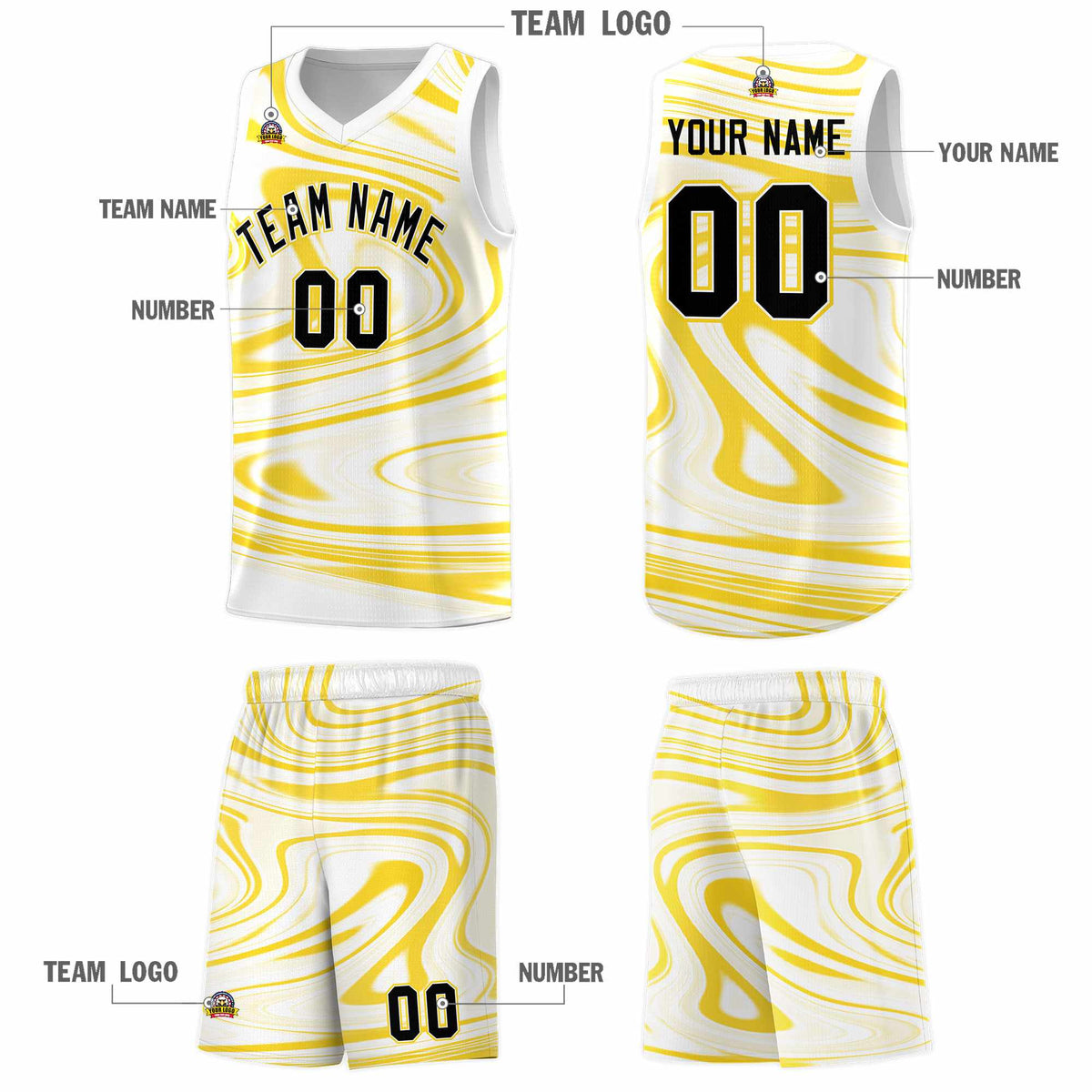 Custom White Gold Graffiti Pattern Fluids Style Sports Uniform Basketball Jersey Kits|KXKSHOP