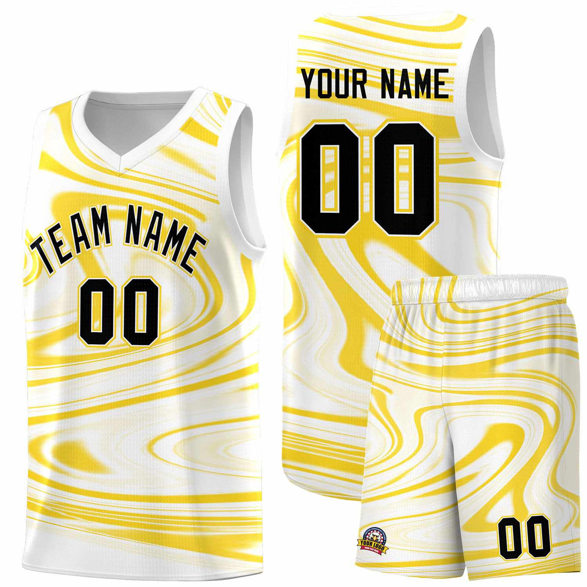 Custom White Gold Graffiti Pattern Fluids Style Sports Uniform Basketball Jersey Kits|KXKSHOP
