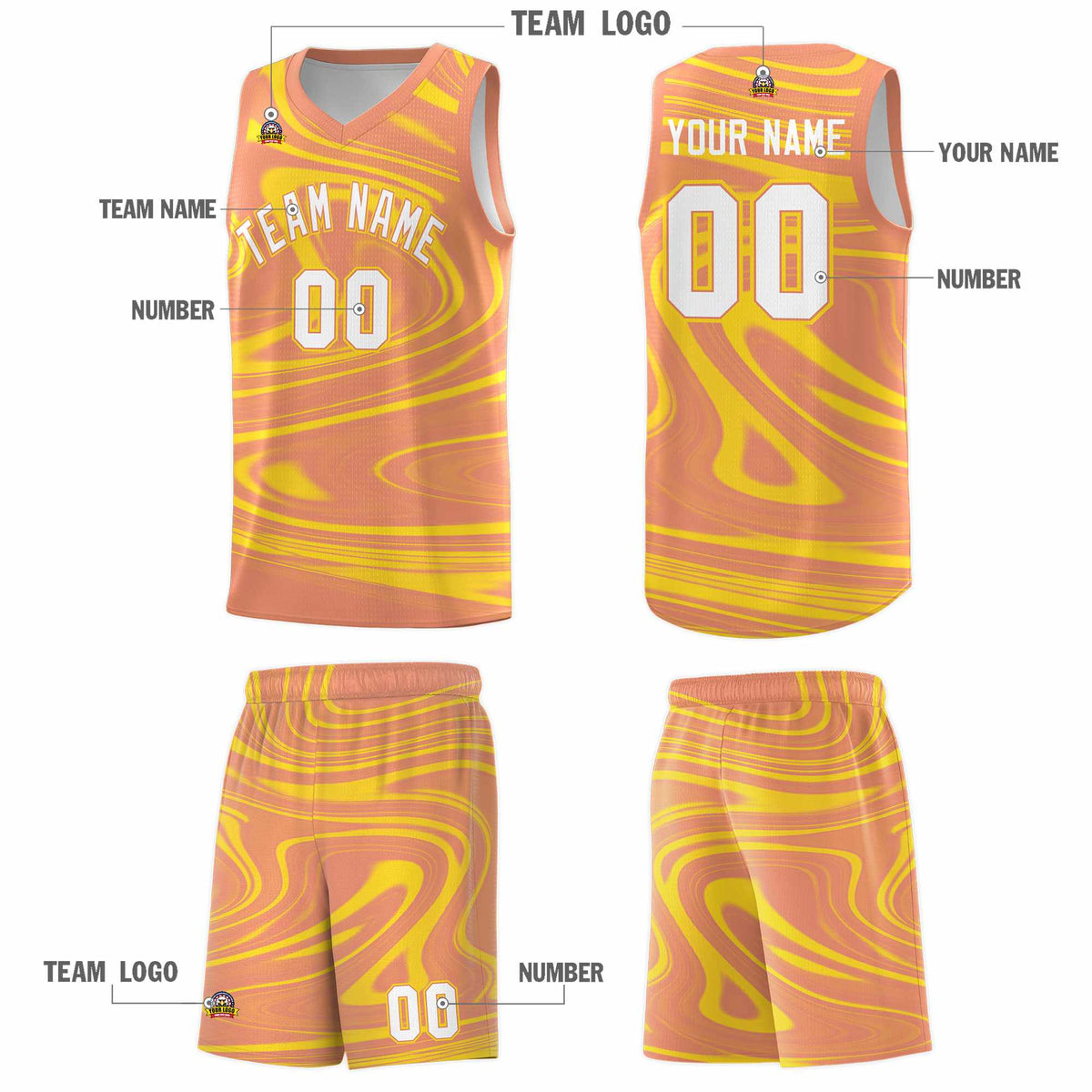 Custom Light Orange Gold Graffiti Pattern Fluids Style Sports Uniform Basketball Jersey Kits|KXKSHOP