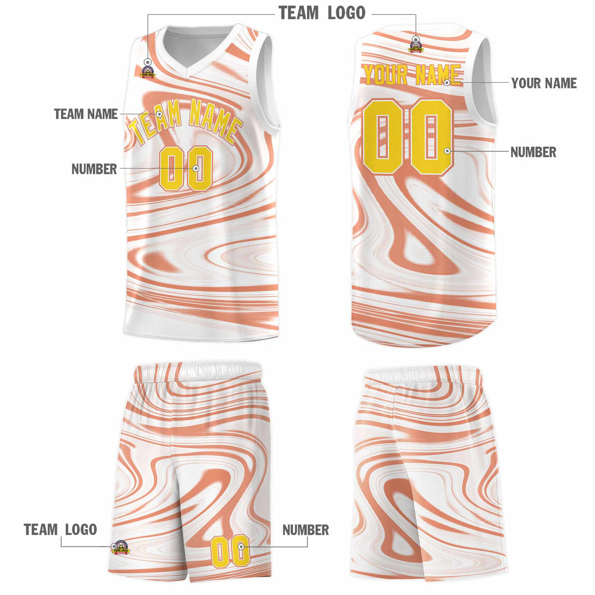 Custom White Light Orange Graffiti Pattern Fluids Style Sports Uniform Basketball Jersey Kits|KXKSHOP
