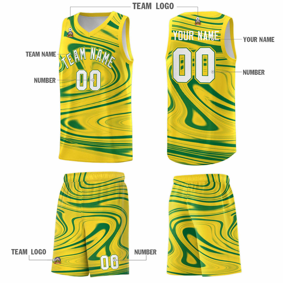 Custom Gold Kelly Green Graffiti Pattern Fluids Style Sports Uniform Basketball Jersey Kits|KXKSHOP
