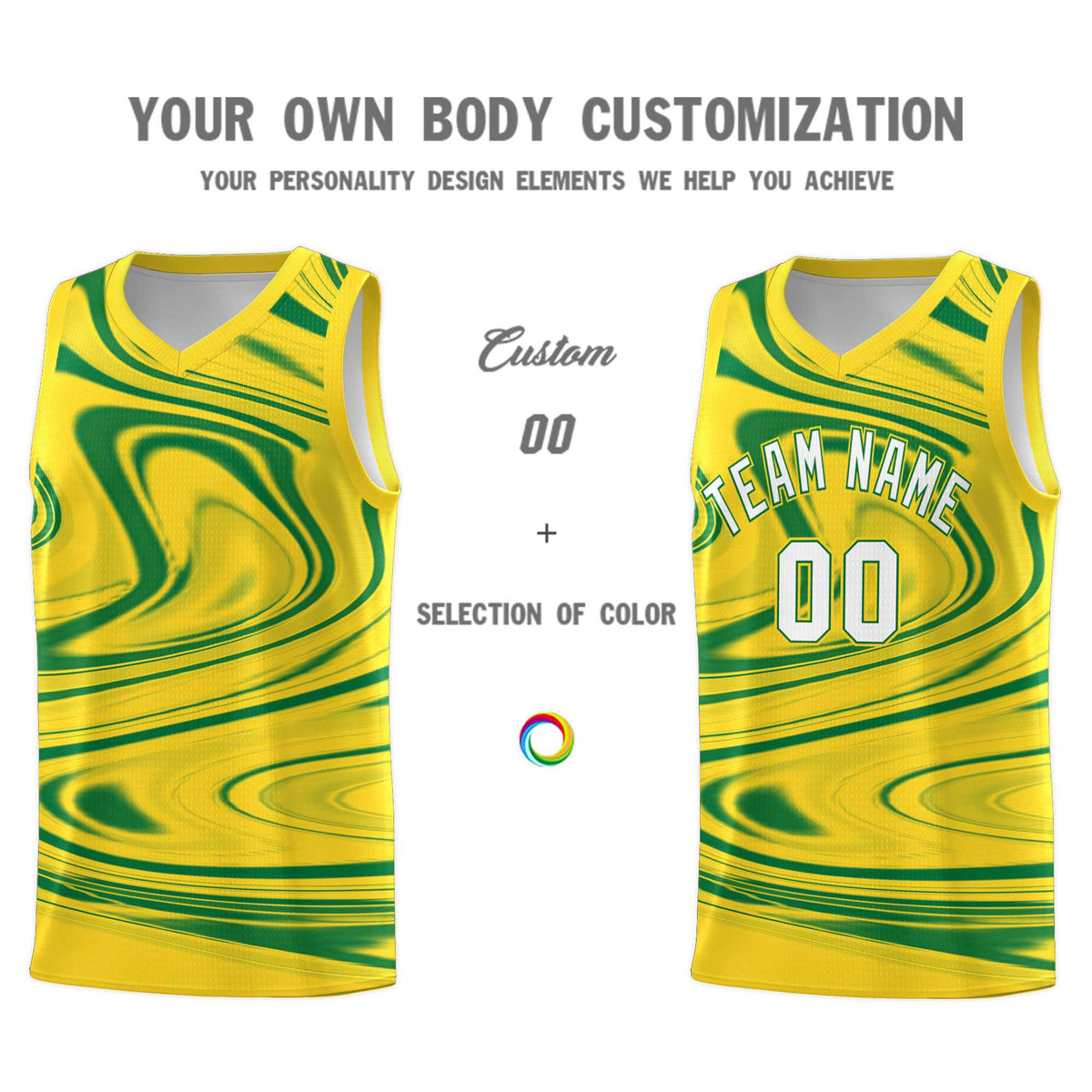 Custom Gold Kelly Green Graffiti Pattern Fluids Style Sports Uniform Basketball Jersey Kits|KXKSHOP