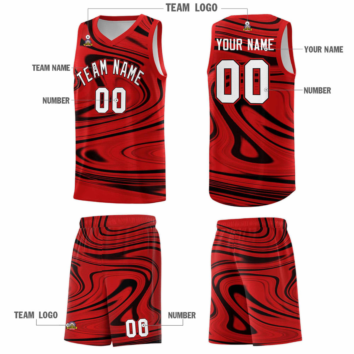 Custom Red Black Graffiti Pattern Fluids Style Sports Uniform Basketball Jersey Kits|KXKSHOP