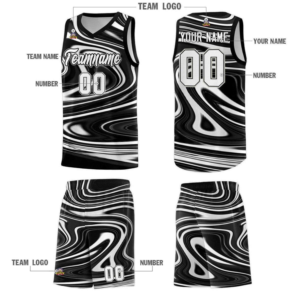 Custom Black White Graffiti Pattern Fluids Style Sports Uniform Basketball Jersey Kits|KXKSHOP