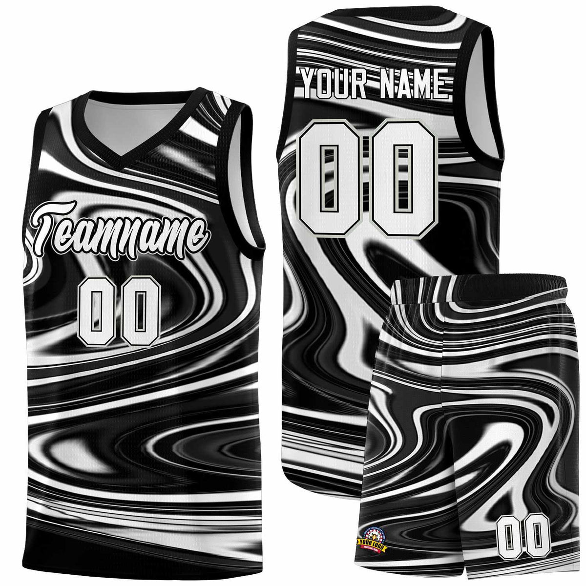 Custom Black White Graffiti Pattern Fluids Style Sports Uniform Basketball Jersey Kits|KXKSHOP