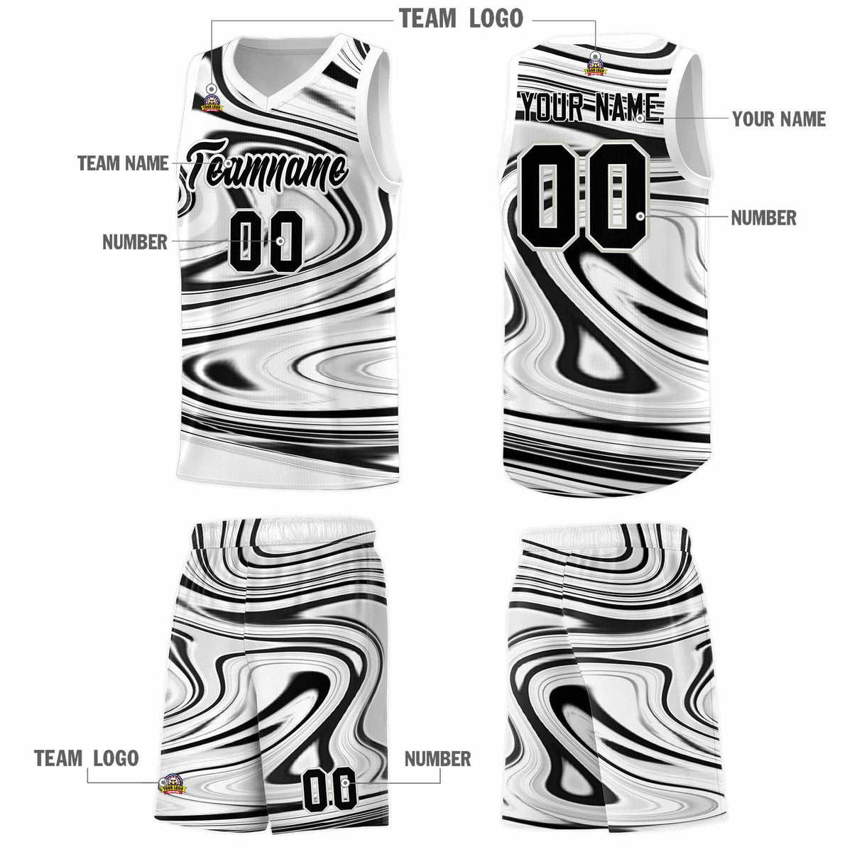 Custom White Black Graffiti Pattern Fluids Style Sports Uniform Basketball Jersey Kits|KXKSHOP