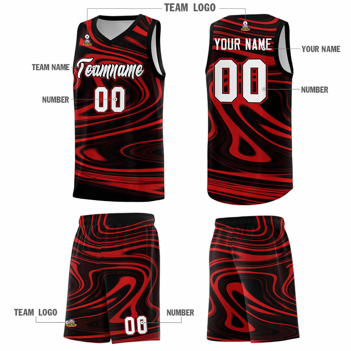 Custom Black Red Graffiti Pattern Fluids Style Sports Uniform Basketball Jersey Kits|KXKSHOP
