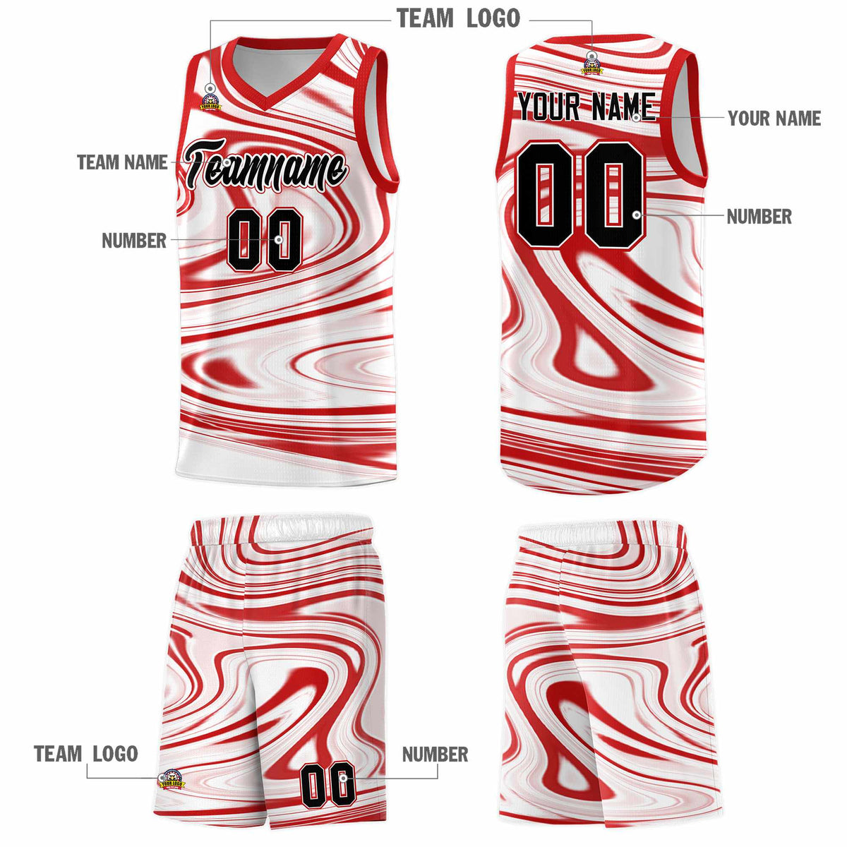 Custom White Red Graffiti Pattern Fluids Style Sports Uniform Basketball Jersey Kits|KXKSHOP