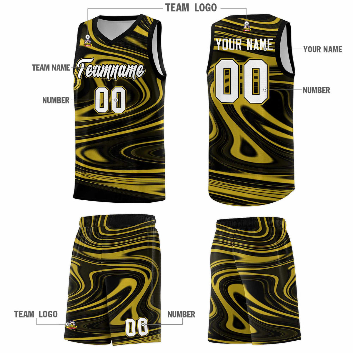 Custom Black Old Gold Graffiti Pattern Fluids Style Sports Uniform Basketball Jersey Kits|KXKSHOP