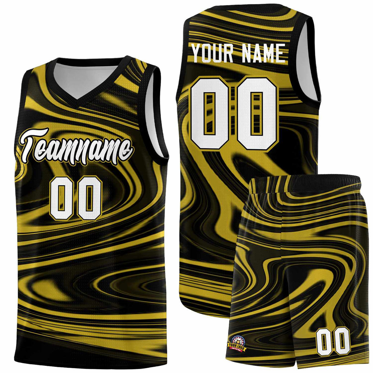 Custom Black Old Gold Graffiti Pattern Fluids Style Sports Uniform Basketball Jersey Kits|KXKSHOP