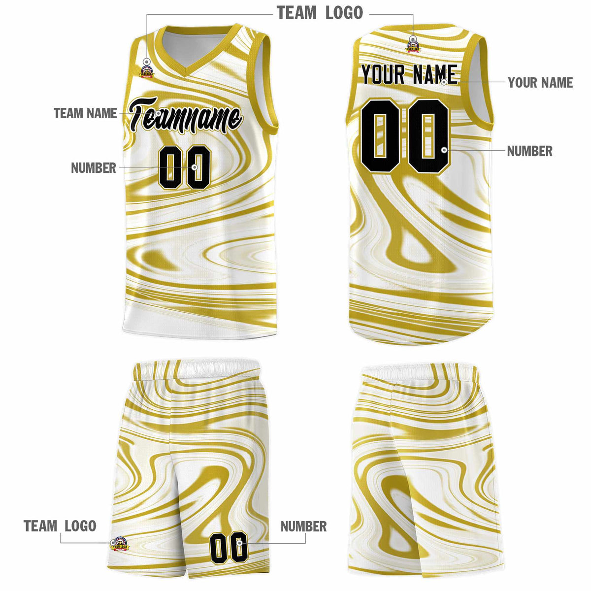 Custom White Old Gold Graffiti Pattern Fluids Style Sports Uniform Basketball Jersey Kits|KXKSHOP