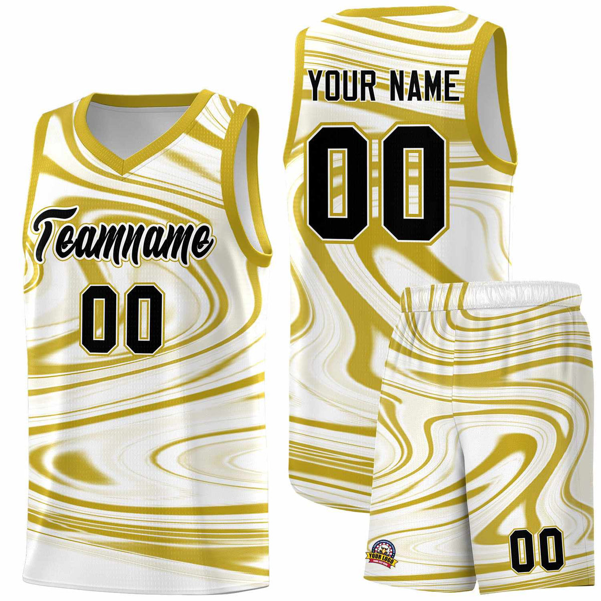 Custom White Old Gold Graffiti Pattern Fluids Style Sports Uniform Basketball Jersey Kits|KXKSHOP