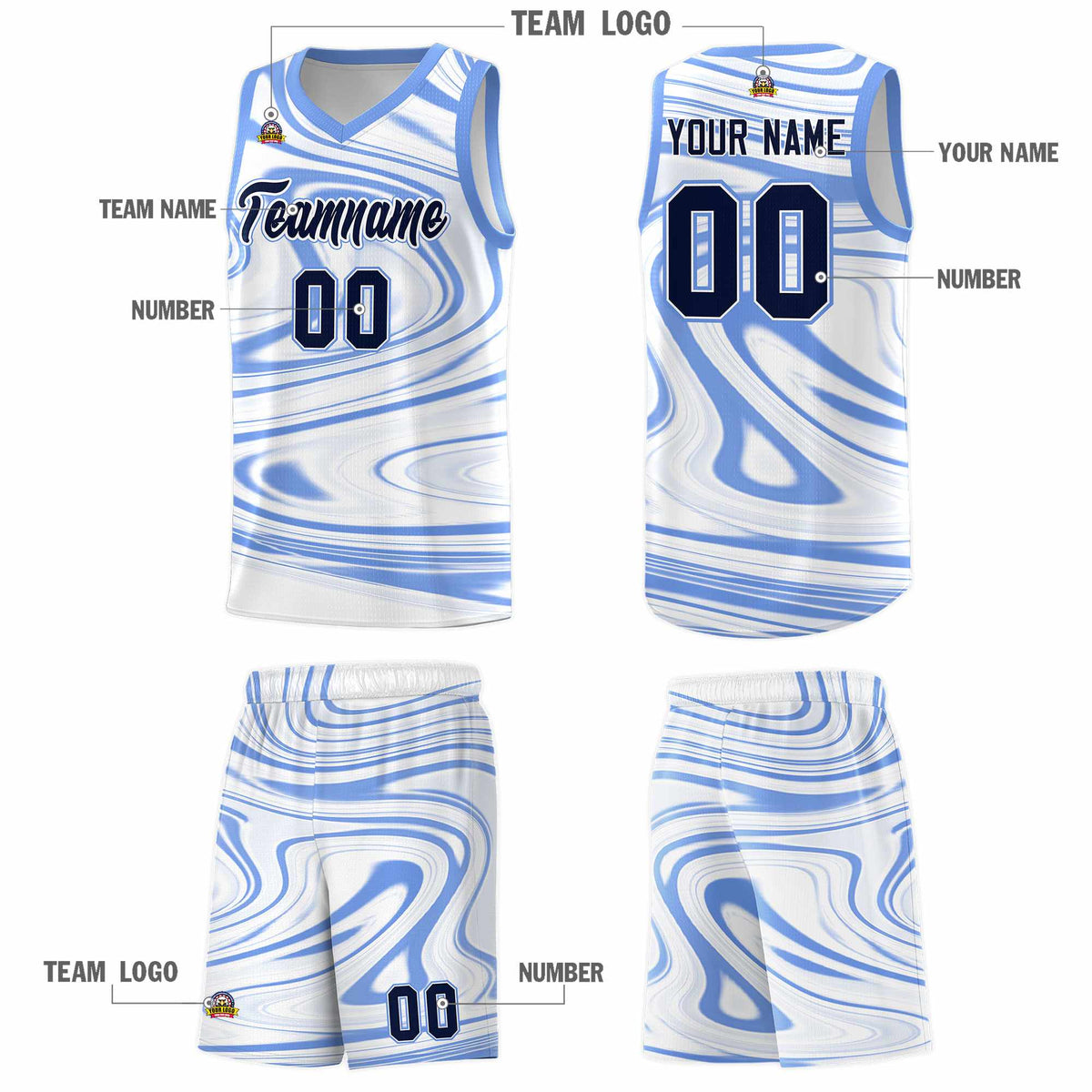 Custom White Light Blue Graffiti Pattern Fluids Style Sports Uniform Basketball Jersey Kits|KXKSHOP