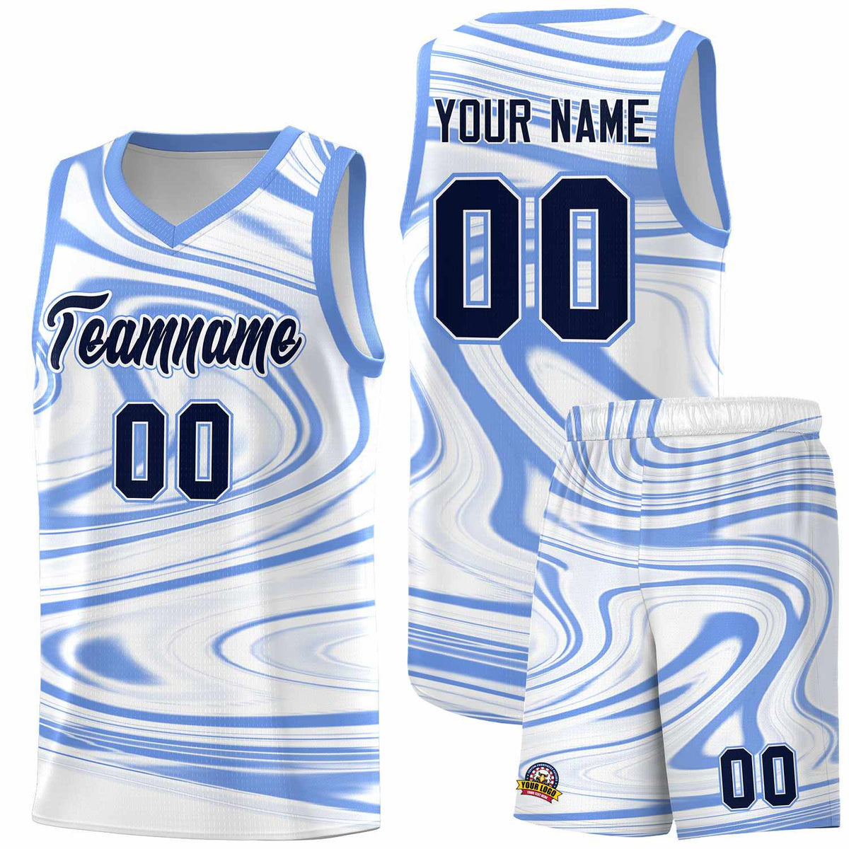 Custom White Light Blue Graffiti Pattern Fluids Style Sports Uniform Basketball Jersey Kits|KXKSHOP