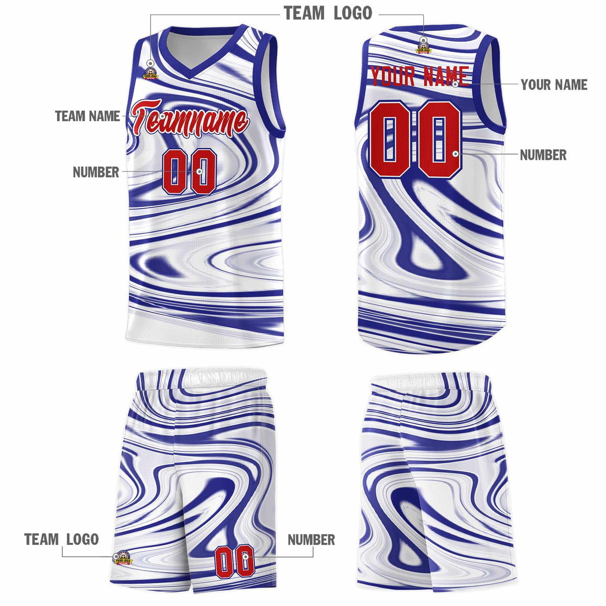 Custom White Royal Graffiti Pattern Fluids Style Sports Uniform Basketball Jersey Kits|KXKSHOP