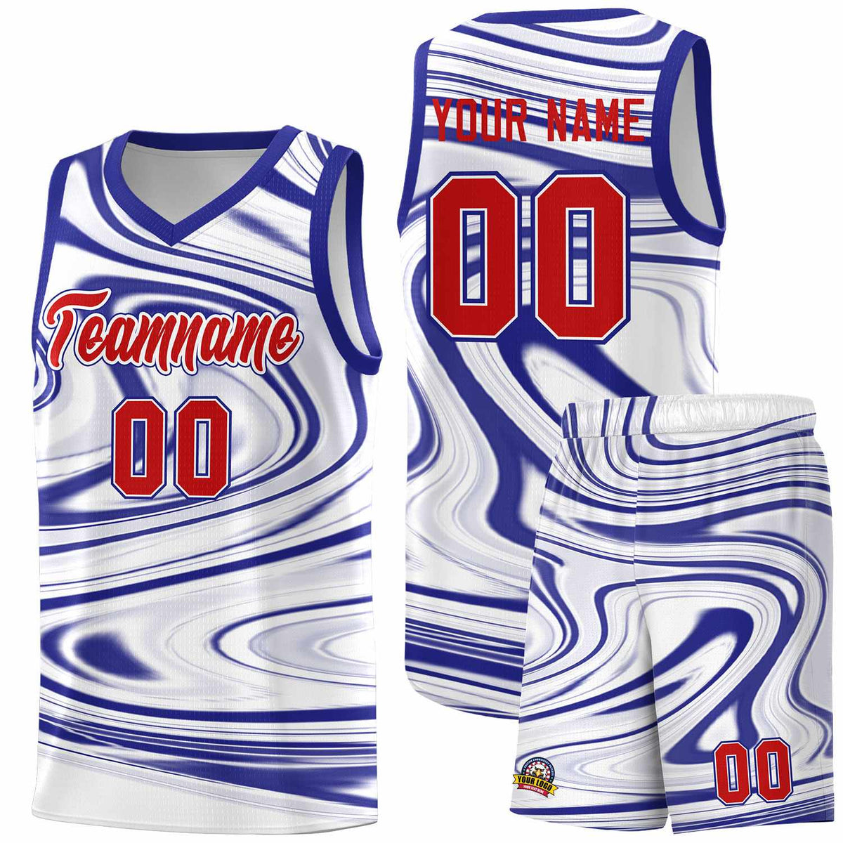 Custom White Royal Graffiti Pattern Fluids Style Sports Uniform Basketball Jersey Kits|KXKSHOP