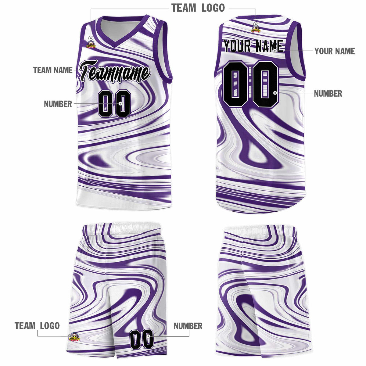 Custom White Purple Graffiti Pattern Fluids Style Sports Uniform Basketball Jersey Kits|KXKSHOP