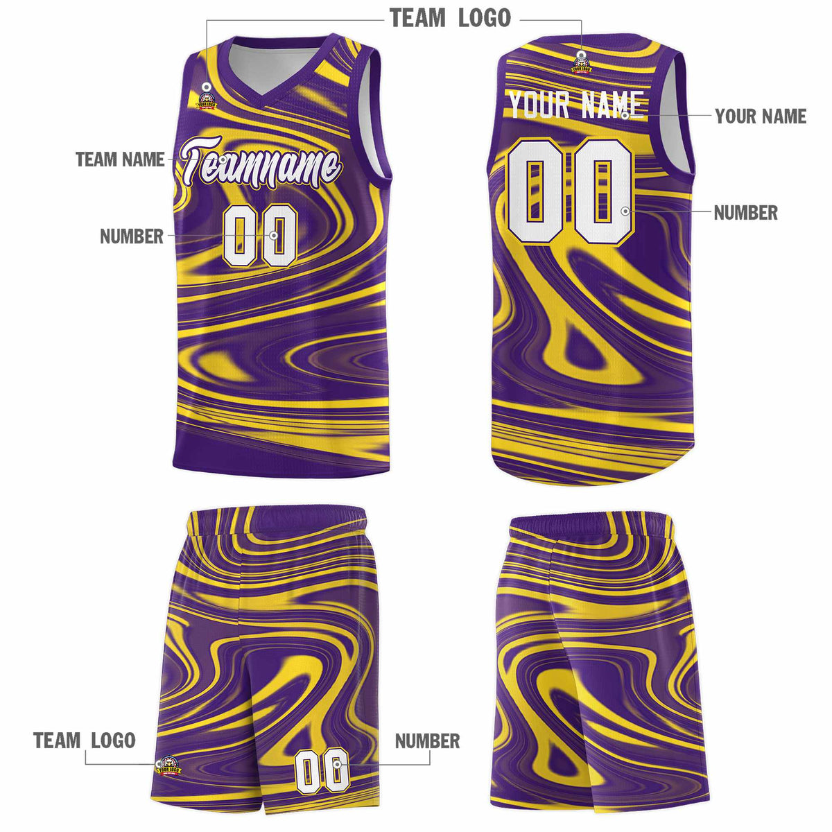 Custom Purple Gold Graffiti Pattern Fluids Style Sports Uniform Basketball Jersey Kits|KXKSHOP