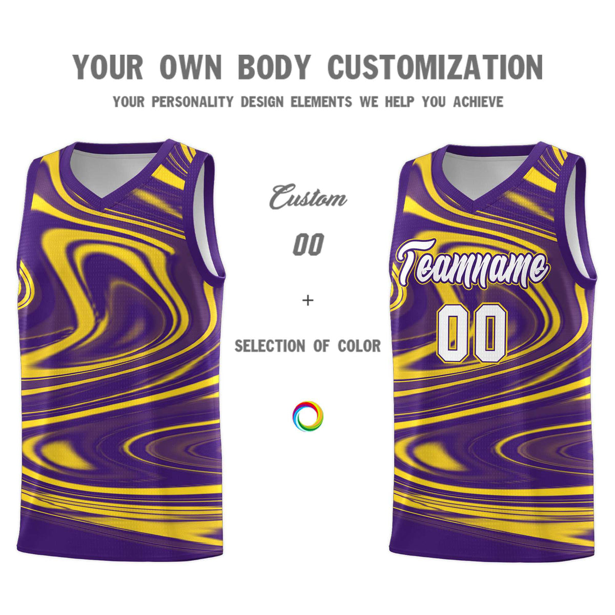 Custom Purple Gold Graffiti Pattern Fluids Style Sports Uniform Basketball Jersey Kits|KXKSHOP