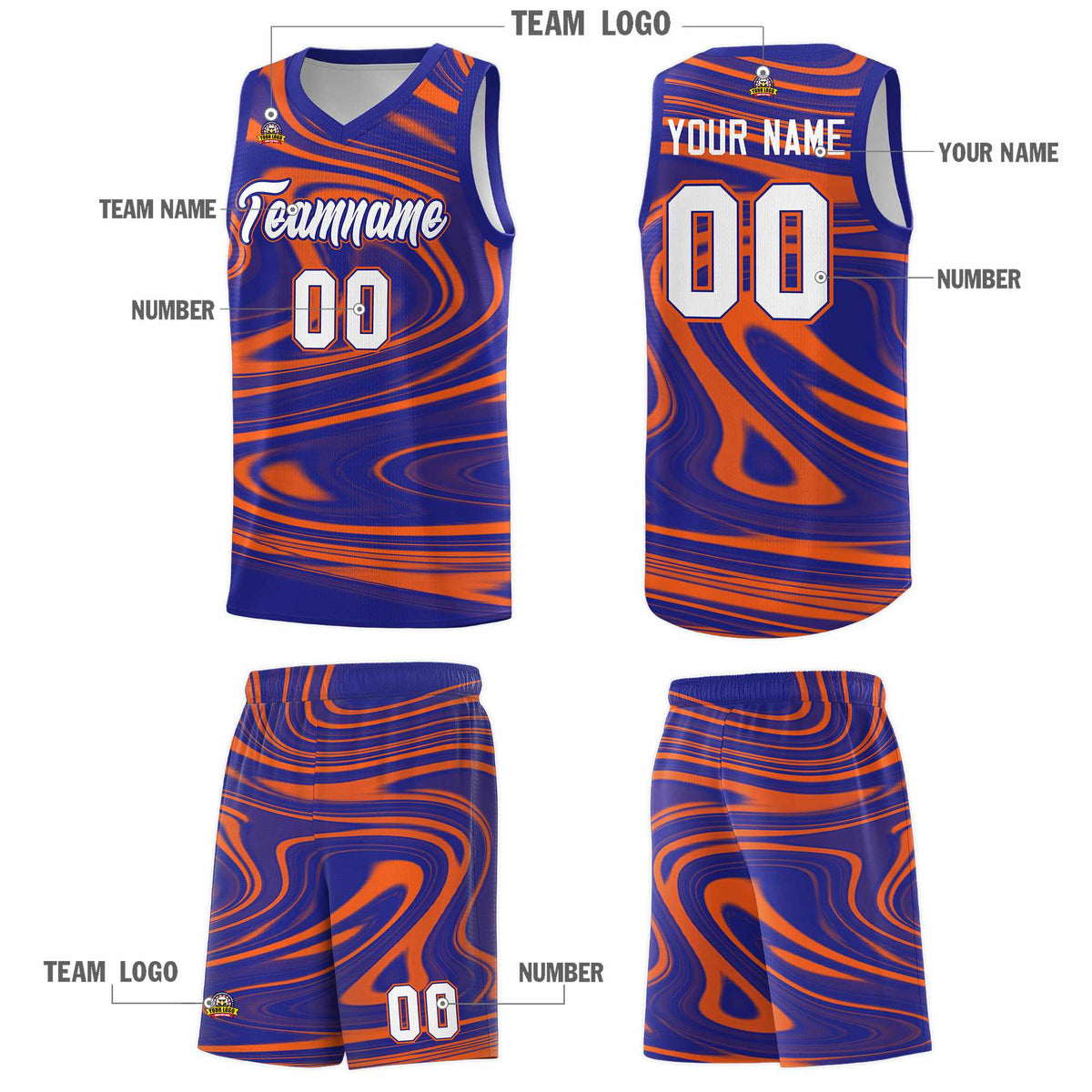 Custom Royal Orange Graffiti Pattern Fluids Style Sports Uniform Basketball Jersey Kits|KXKSHOP