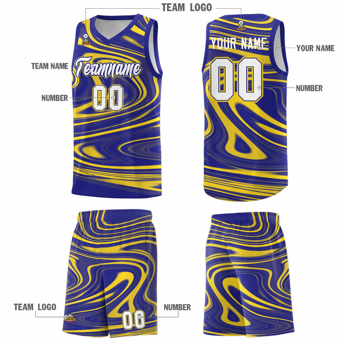 Custom Royal Gold Graffiti Pattern Fluids Style Sports Uniform Basketball Jersey Kits|KXKSHOP