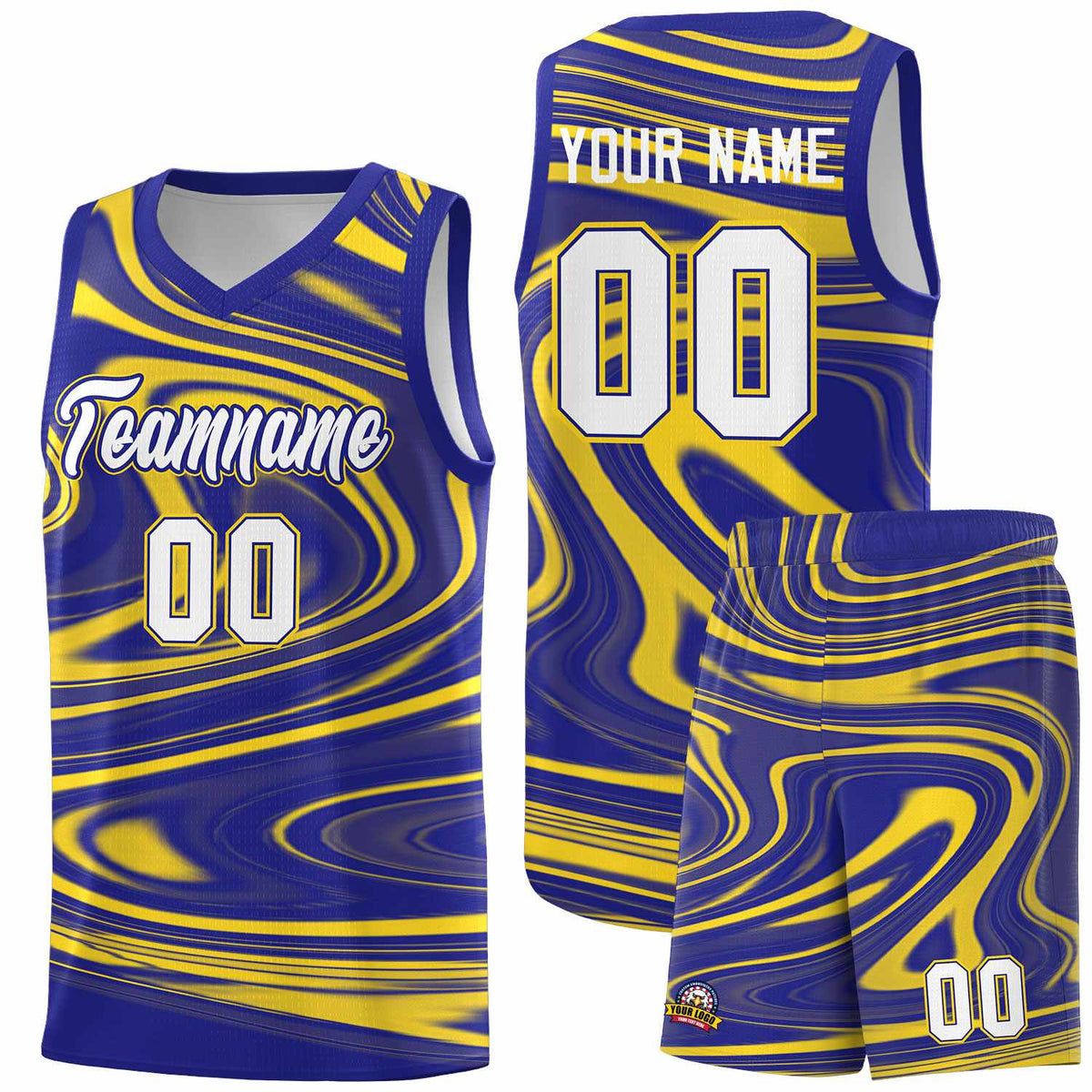 Custom Royal Gold Graffiti Pattern Fluids Style Sports Uniform Basketball Jersey Kits|KXKSHOP
