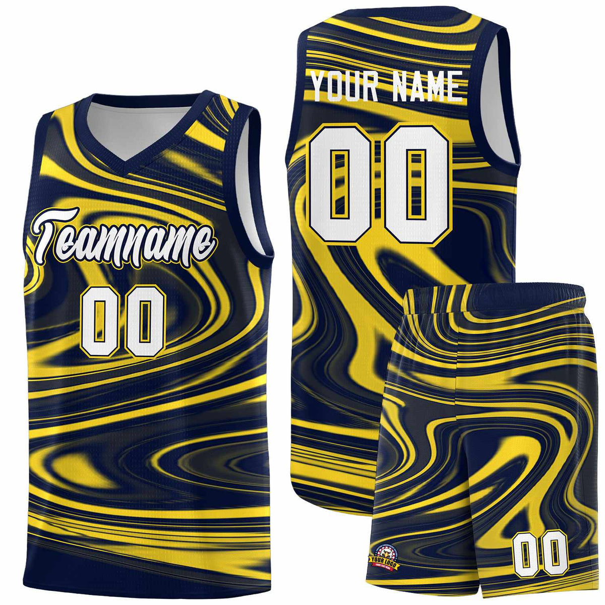 Custom Navy Gold Graffiti Pattern Fluids Style Sports Uniform Basketball Jersey Kits|KXKSHOP