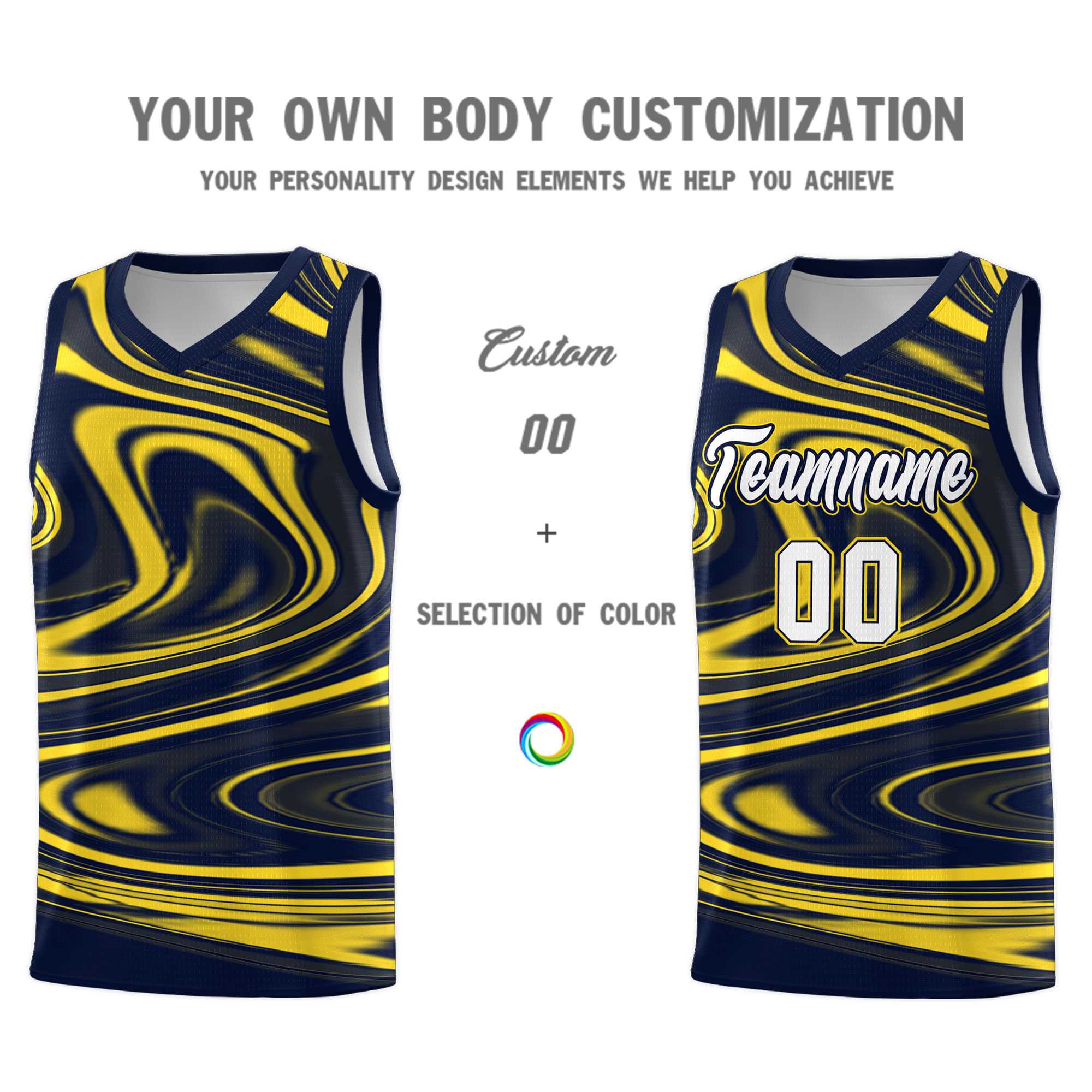 Custom Navy Gold Graffiti Pattern Fluids Style Sports Uniform Basketball Jersey Kits|KXKSHOP
