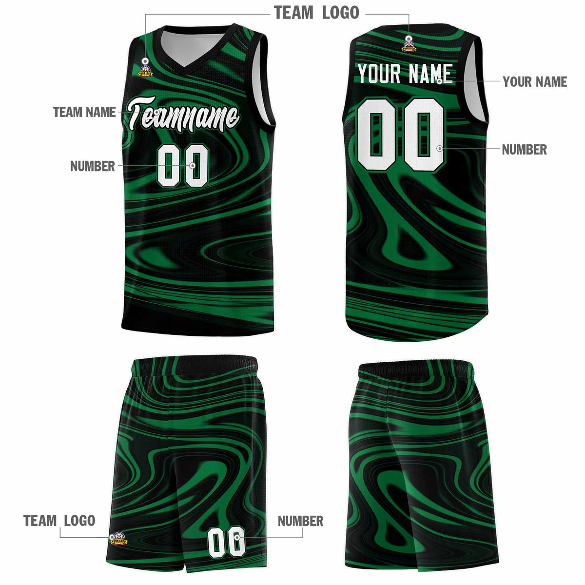 Custom Black Kelly Green Graffiti Pattern Fluids Style Sports Uniform Basketball Jersey Kits|KXKSHOP