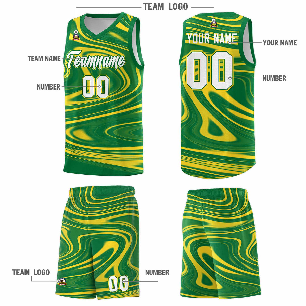 Custom Kelly Green Gold Graffiti Pattern Fluids Style Sports Uniform Basketball Jersey Kits|KXKSHOP