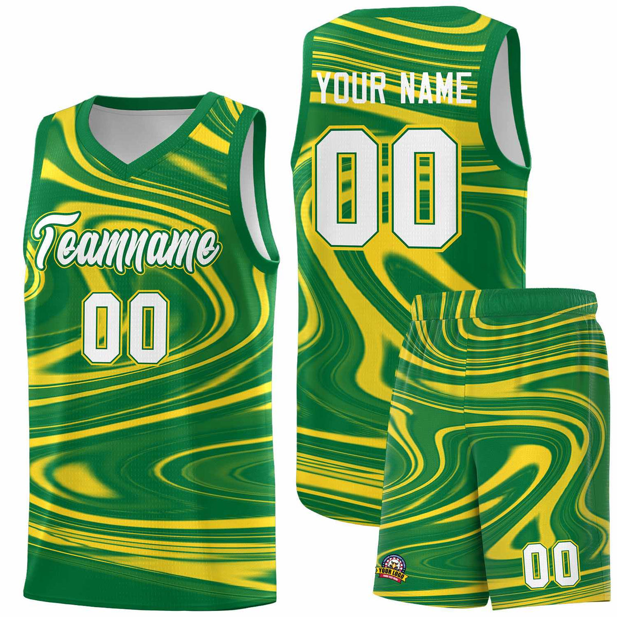 Custom Kelly Green Gold Graffiti Pattern Fluids Style Sports Uniform Basketball Jersey Kits|KXKSHOP