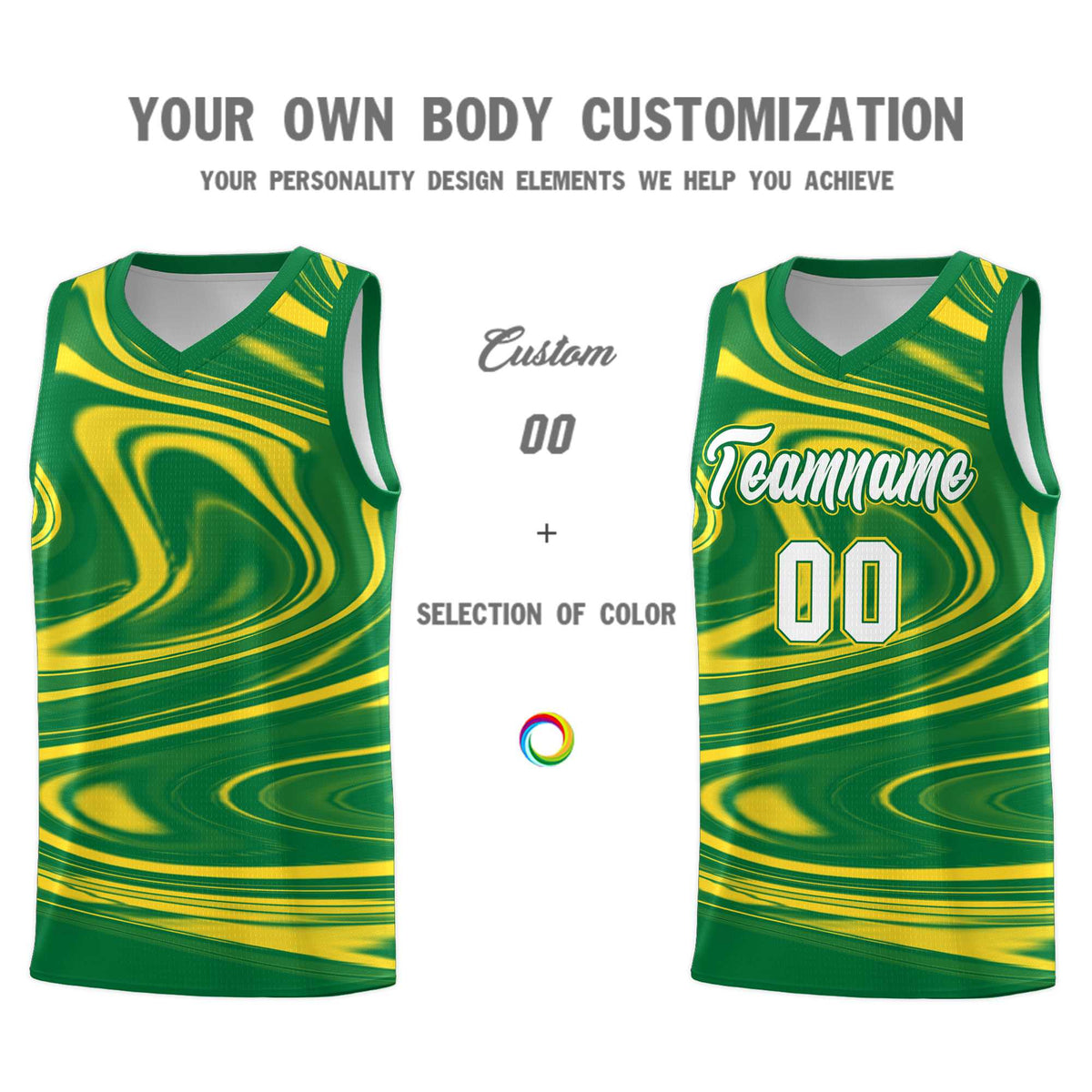 Custom Kelly Green Gold Graffiti Pattern Fluids Style Sports Uniform Basketball Jersey Kits|KXKSHOP