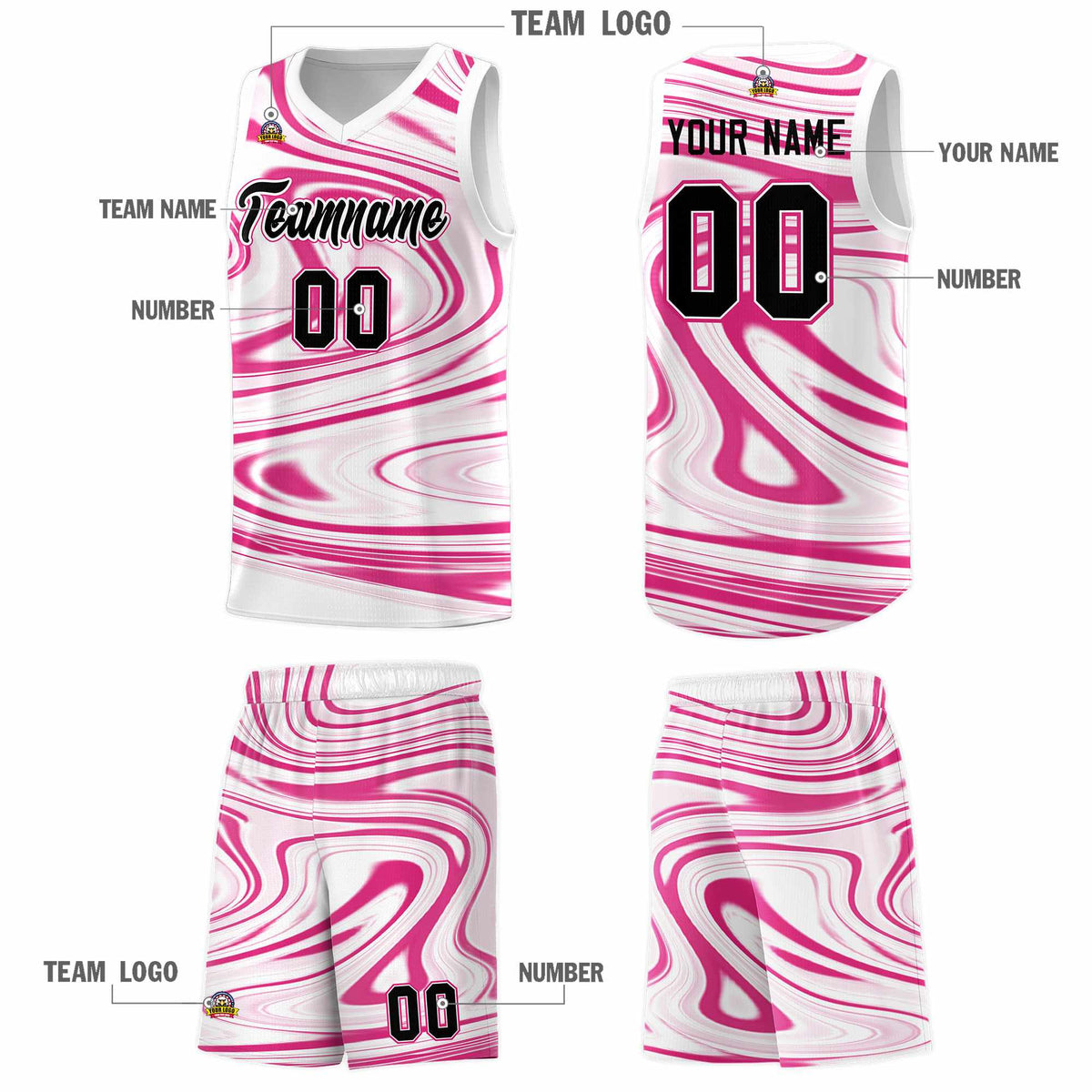 Custom White Pink Graffiti Pattern Fluids Style Sports Uniform Basketball Jersey Kits|KXKSHOP
