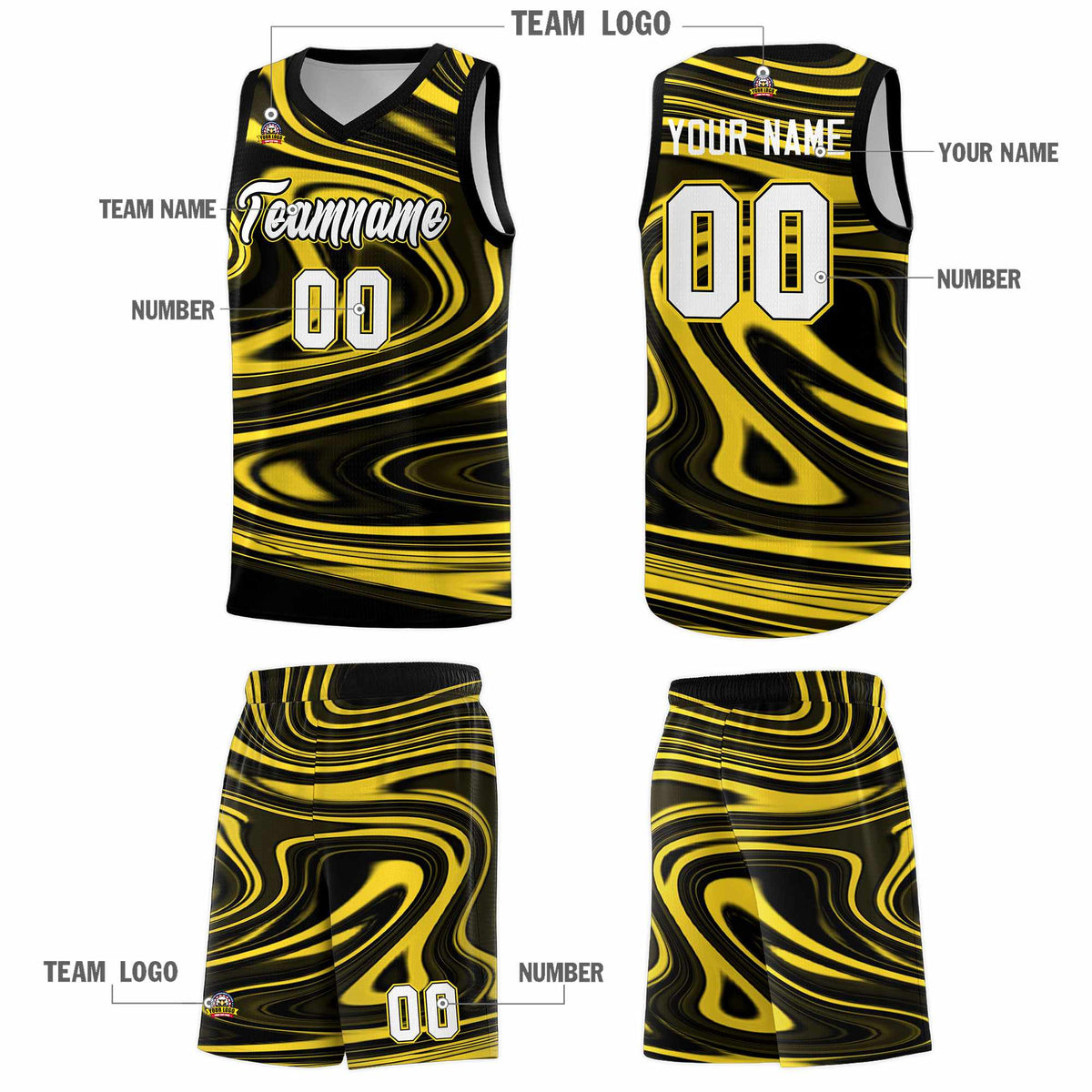 Custom Black Gold Graffiti Pattern Fluids Style Sports Uniform Basketball Jersey Kits|KXKSHOP