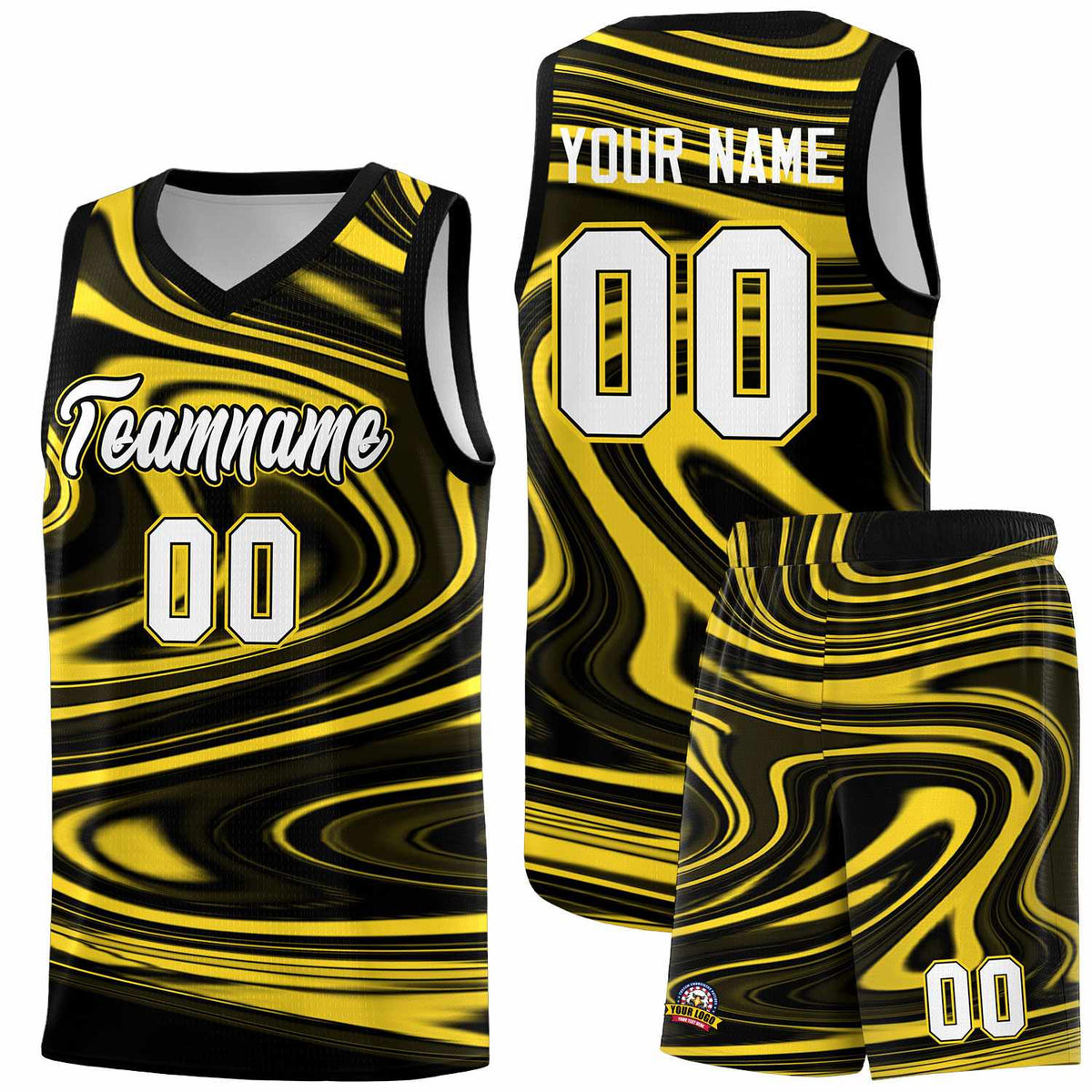 Custom Black Gold Graffiti Pattern Fluids Style Sports Uniform Basketball Jersey Kits|KXKSHOP