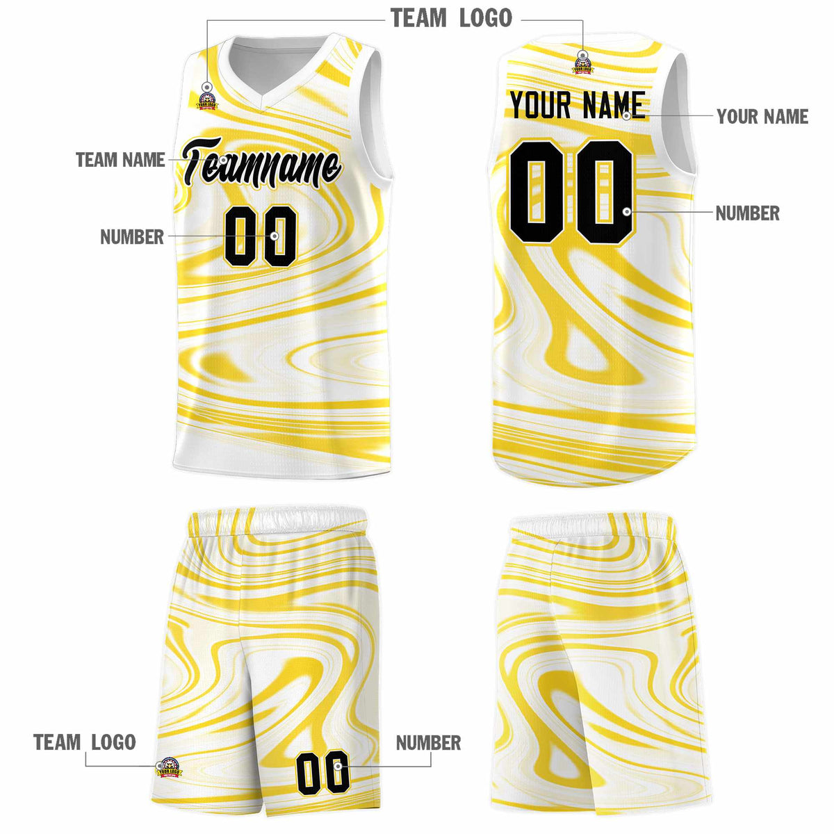 Custom White Gold Graffiti Pattern Fluids Style Sports Uniform Basketball Jersey Kits|KXKSHOP