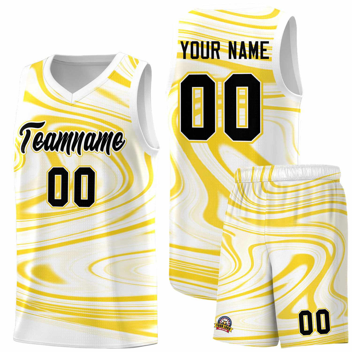 Custom White Gold Graffiti Pattern Fluids Style Sports Uniform Basketball Jersey Kits|KXKSHOP