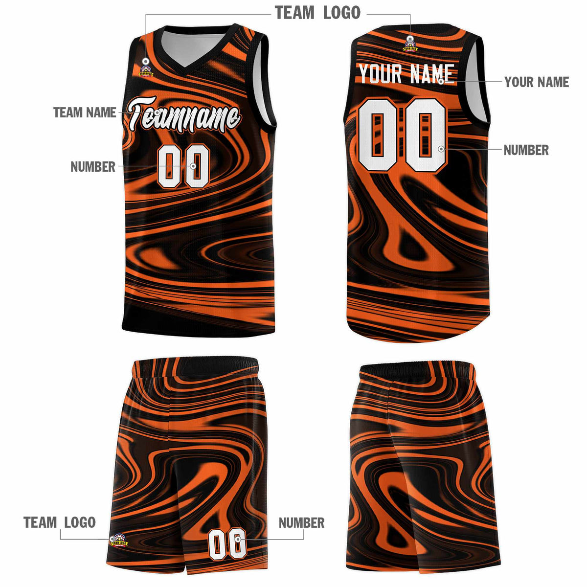 Custom Black Orange Graffiti Pattern Fluids Style Sports Uniform Basketball Jersey Kits|KXKSHOP