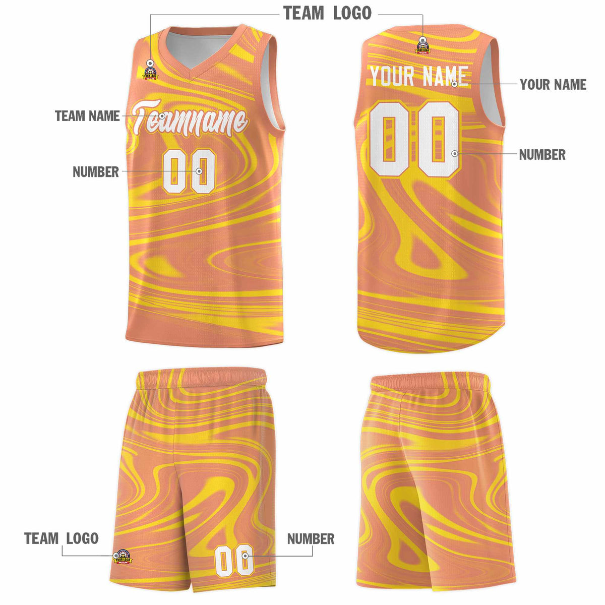 Custom Light Orange Gold Graffiti Pattern Fluids Style Sports Uniform Basketball Jersey Kits|KXKSHOP