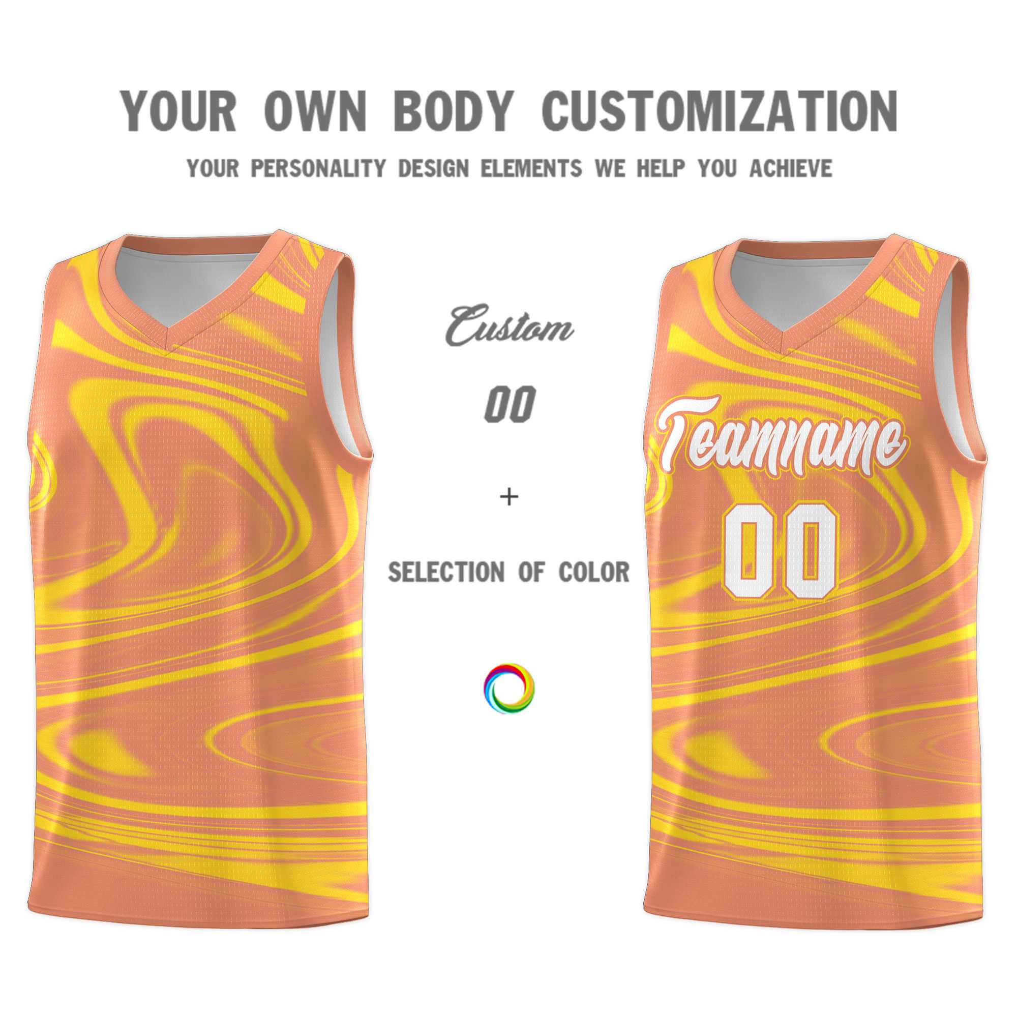 Custom Light Orange Gold Graffiti Pattern Fluids Style Sports Uniform Basketball Jersey Kits|KXKSHOP