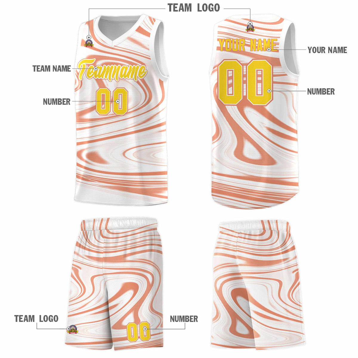 Custom White Light Orange Graffiti Pattern Fluids Style Sports Uniform Basketball Jersey Kits|KXKSHOP