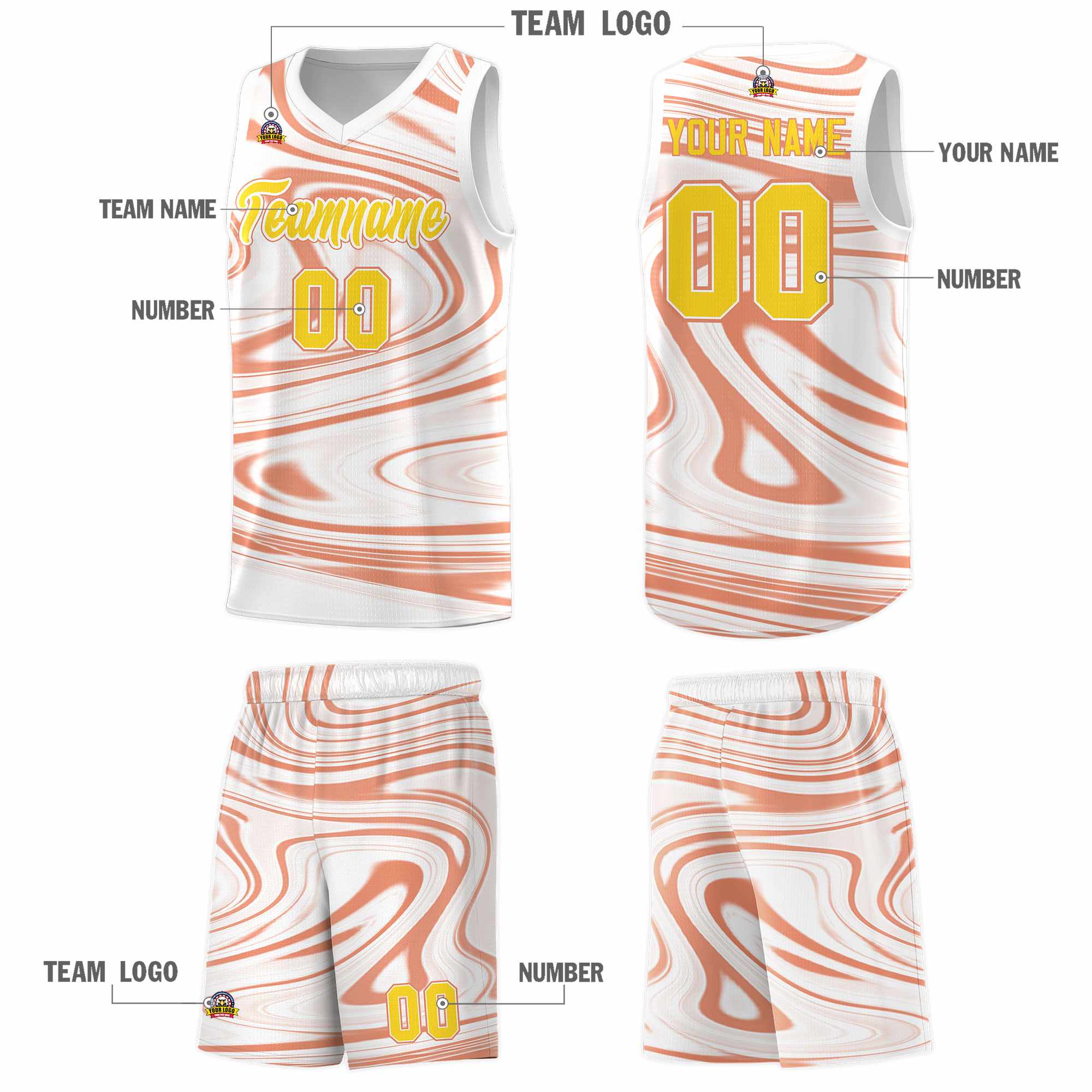 Custom White Light Orange Graffiti Pattern Fluids Style Sports Uniform Basketball Jersey Kits|KXKSHOP