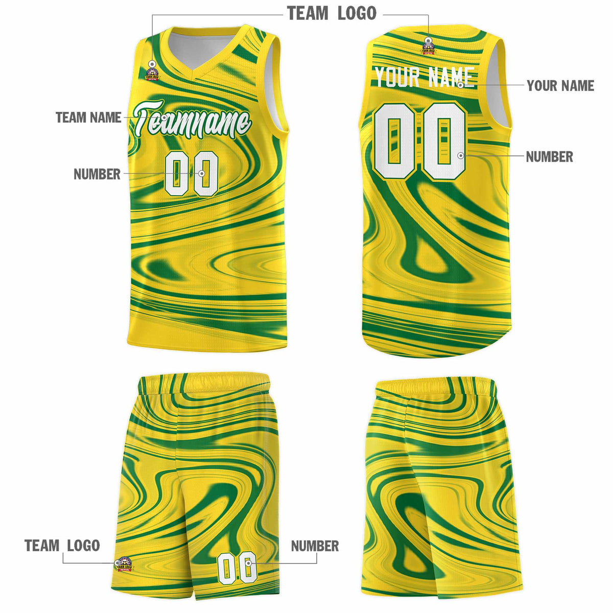 Custom Gold Kelly Green Graffiti Pattern Fluids Style Sports Uniform Basketball Jersey Kits|KXKSHOP