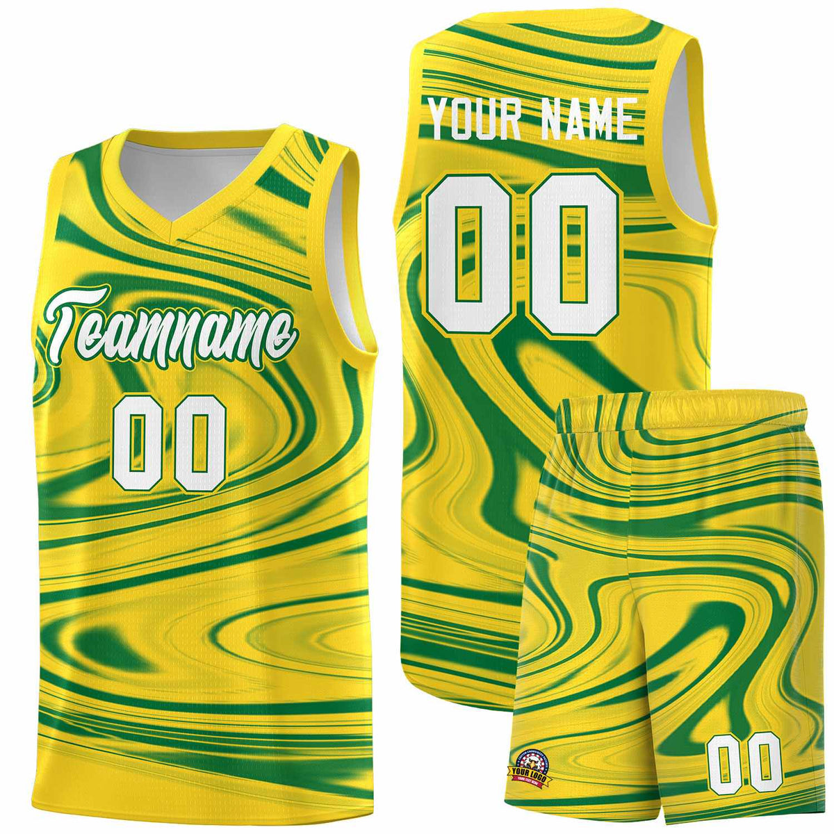 Custom Gold Kelly Green Graffiti Pattern Fluids Style Sports Uniform Basketball Jersey Kits|KXKSHOP
